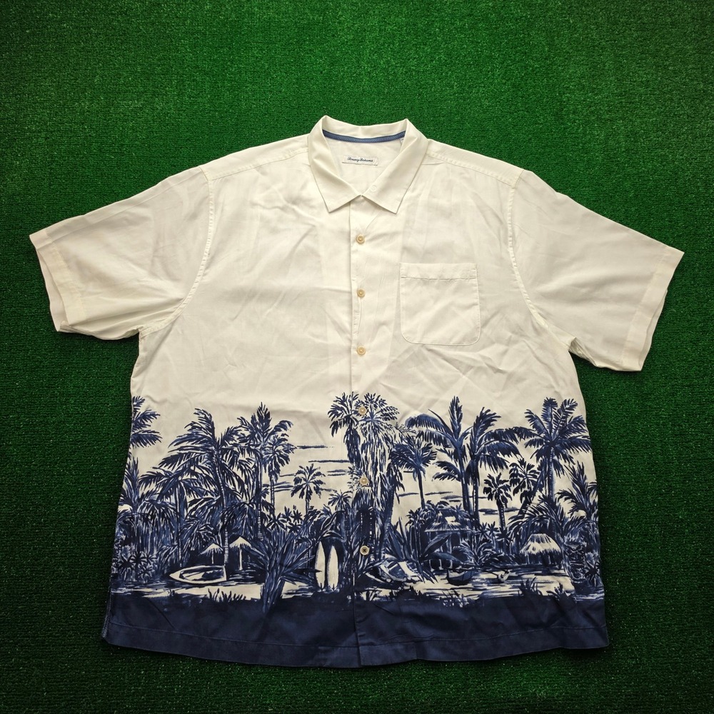 Tommy Bahama Shirt Mens 1XLB Big White‎ Blue Coastal Toile Tencel Blend Camp